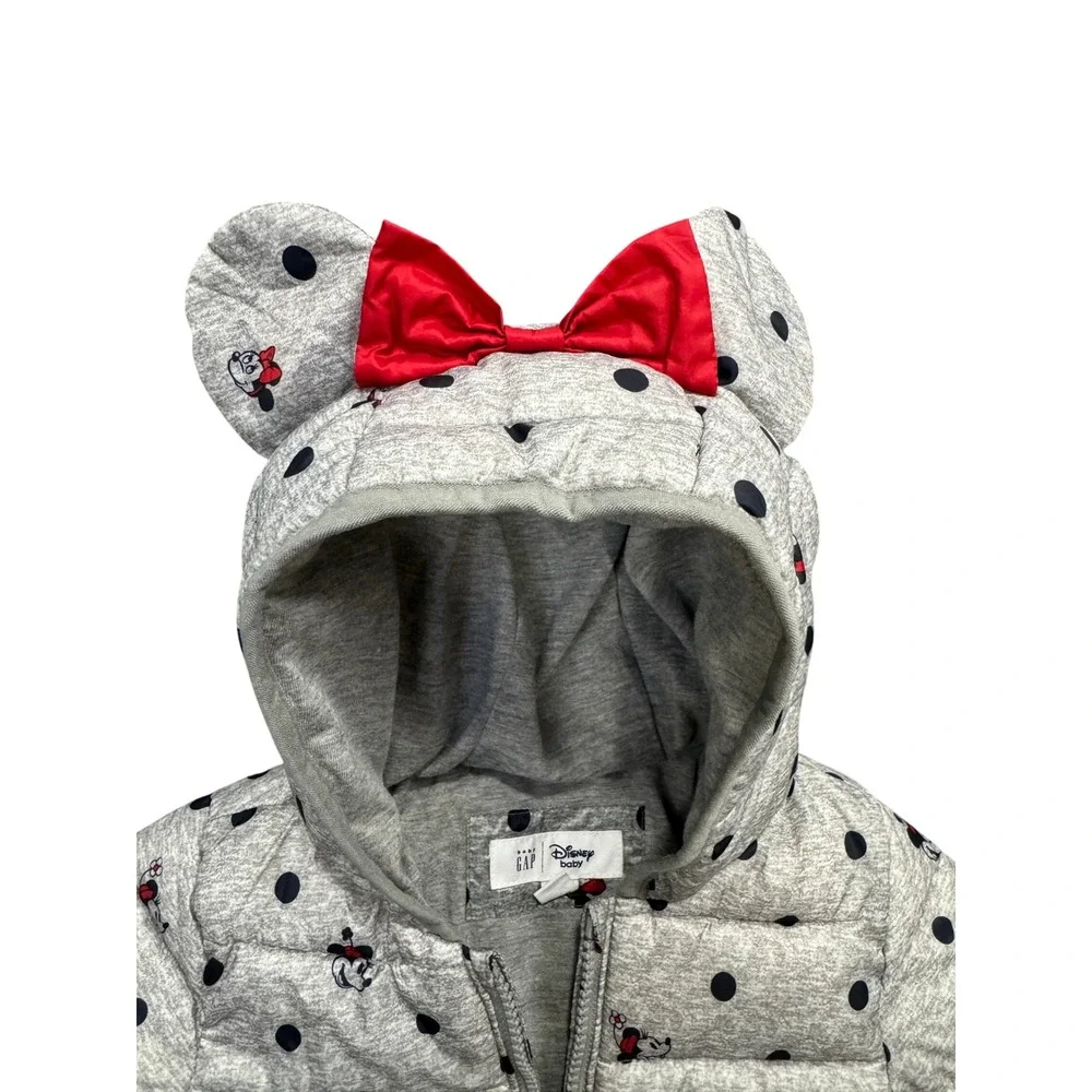 Baby Gap Disney Minnie Mouse Gray Polka Dot Puffer Jacket Hooded Ears Bow 18-24M